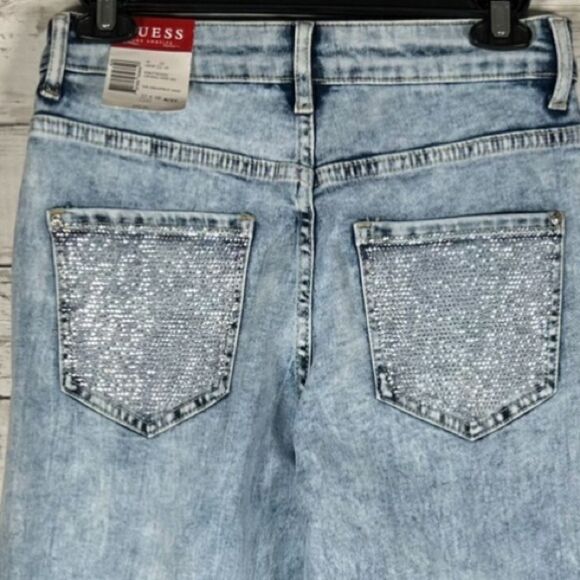 Guess Crystal Embellished Light Acid Wash Wide Leg Jeans 27/30 NWT $90 - Picture 1 of 7